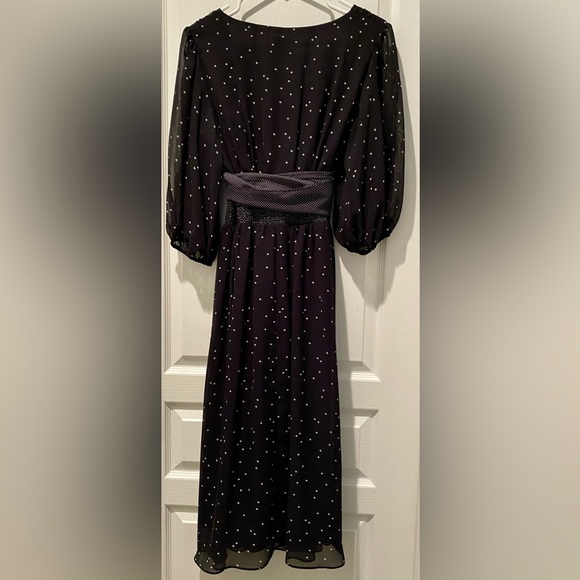 Maison Tara Dottie Faux Wrap Chiffon Midi Dress 3/4 Balloon Sleeves & Waist Sash - Picture 6 of 10